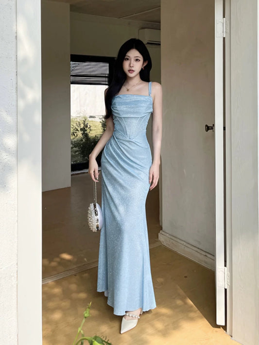 Sparkly Mermaid Spaghetti Strap Blue Sequin Date With Ruffled Night Evening Outfit Formal Prom Dresses RB5413