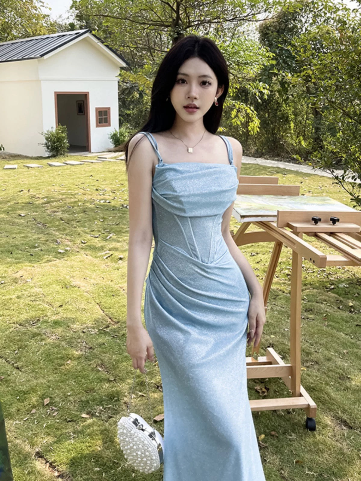 Stunning Mermaid Spaghetti Strap Blue Sequin Date With Ruffled Night Evening Outfit Formal Prom Dresses RB5482