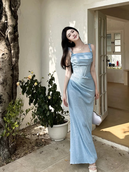Sparkly Mermaid Spaghetti Strap Blue Sequin Date With Ruffled Night Evening Outfit Formal Prom Dresses RB5413
