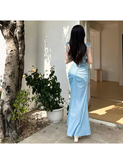 Sparkly Mermaid Spaghetti Strap Blue Sequin Date With Ruffled Night Evening Outfit Formal Prom Dresses RB5413