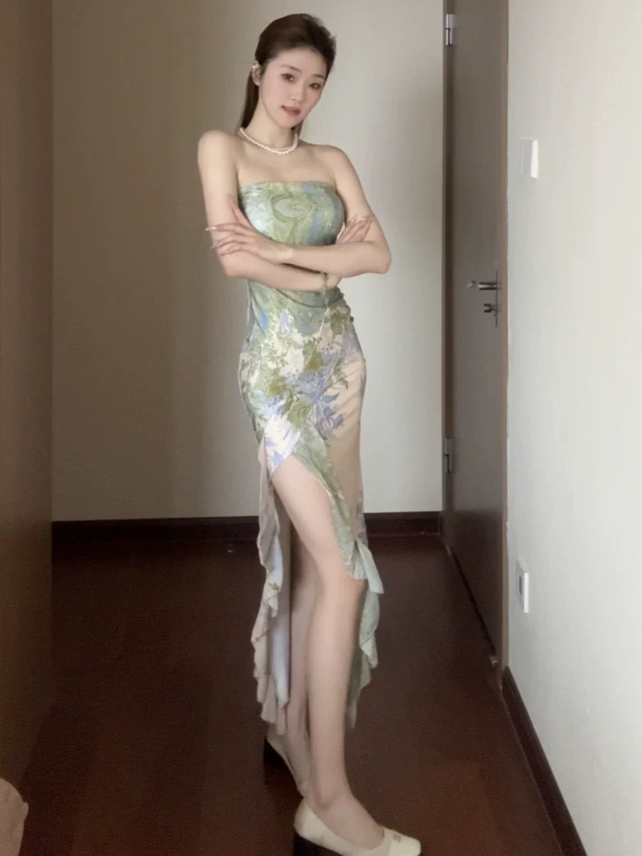 Sexy Mermaid Strapless Floral Midi Length Date With Slit Night Evening Outfit Formal Prom Dresses RB5414