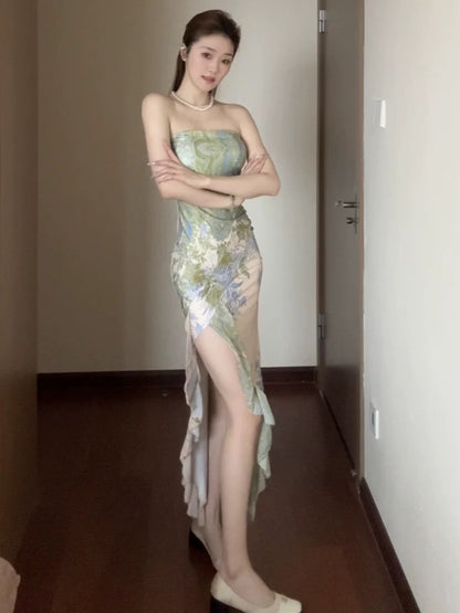 Sexy Mermaid Strapless Floral Midi Length Date With Slit Night Evening Outfit Formal Prom Dresses RB5414