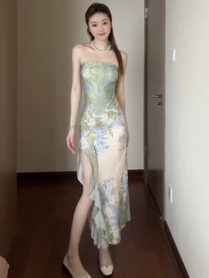 Sexy Mermaid Strapless Floral Midi Length Date With Slit Night Evening Outfit Formal Prom Dresses RB5414