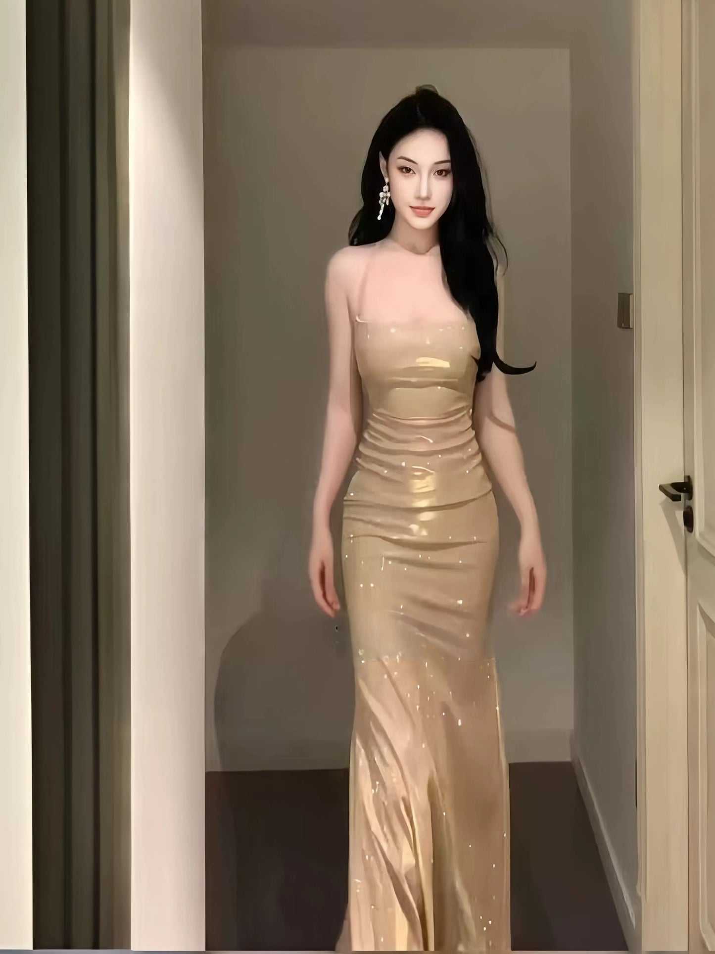 Sexy Mermaid Spaghetti Strap Gold Sequin Open Backs Date With Slit Night Evening Outfit Formal Prom Dresses RB5415