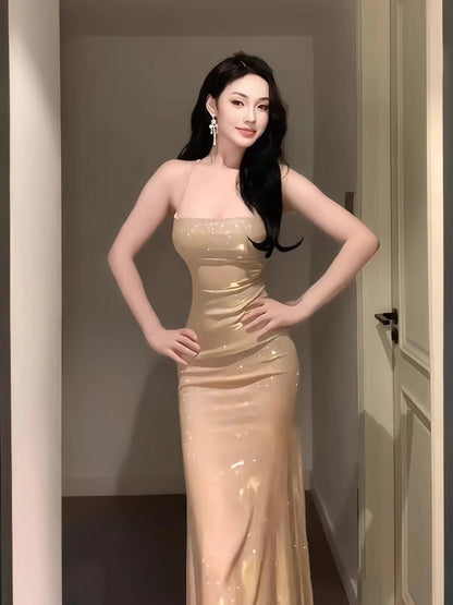 Classy Mermaid Spaghetti Strap Gold Sequin With Backless Date Night Outfits Floor Length Formal Prom Gown Evening Dresses RB5610