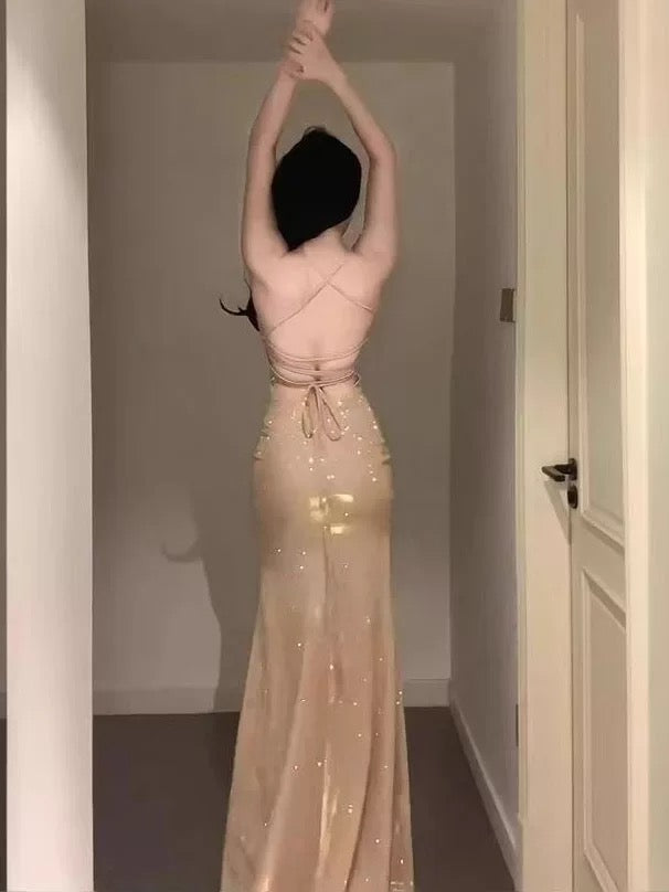 Sexy Mermaid Spaghetti Strap Gold Sequin Open Backs Date With Slit Night Evening Outfit Formal Prom Dresses RB5415
