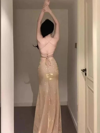 Sexy Mermaid Spaghetti Strap Gold Sequin Open Backs Date With Slit Night Evening Outfit Formal Prom Dresses RB5415