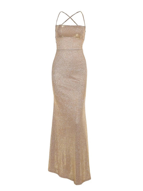 Sexy Mermaid Spaghetti Strap Gold Sequin Open Backs Date With Slit Night Evening Outfit Formal Prom Dresses RB5415