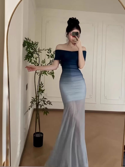 Classy Mermaid Off The Shoulder Gradient Blue Color Date Night Outfits Floor Length Formal Birthday Gown Evening Dresses RB5611