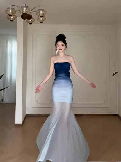 Sexy Mermaid Off The Shoulder Gradient Blue Colors Chiffon Date Night Evening Outfit Formal Prom Dresses RB5416