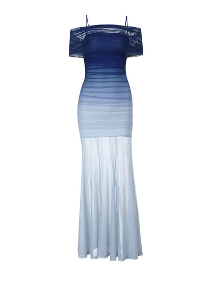 Classy Mermaid Off The Shoulder Gradient Blue Color Date Night Outfits Floor Length Formal Birthday Gown Evening Dresses RB5611