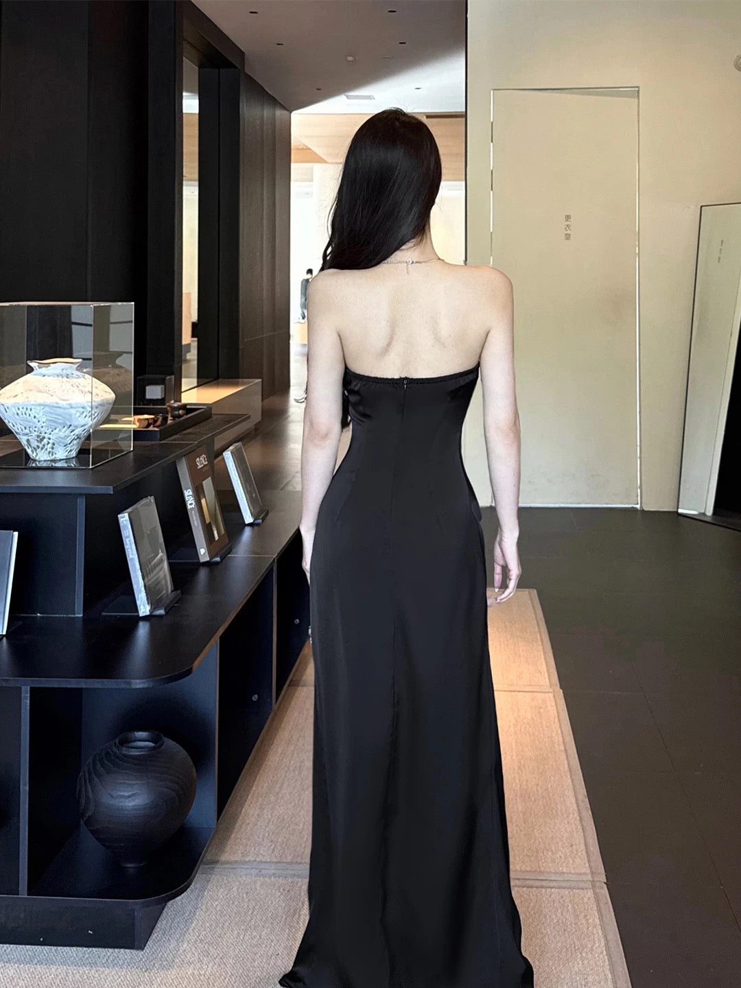 French Style Mermaid Strapless Black Tie Dress Satin Date Floor Length Night Evening Outfit Formal Prom Dresses RB5417