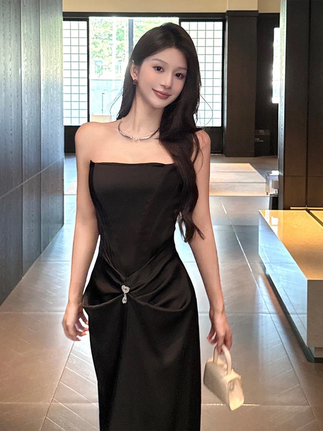 French Style Mermaid Strapless Black Tie Dress Satin Date Floor Length Night Evening Outfit Formal Prom Dresses RB5417