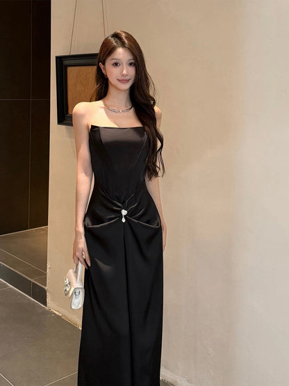 French Style Mermaid Strapless Black Tie Dress Satin Date Floor Length Night Evening Outfit Formal Prom Dresses RB5417