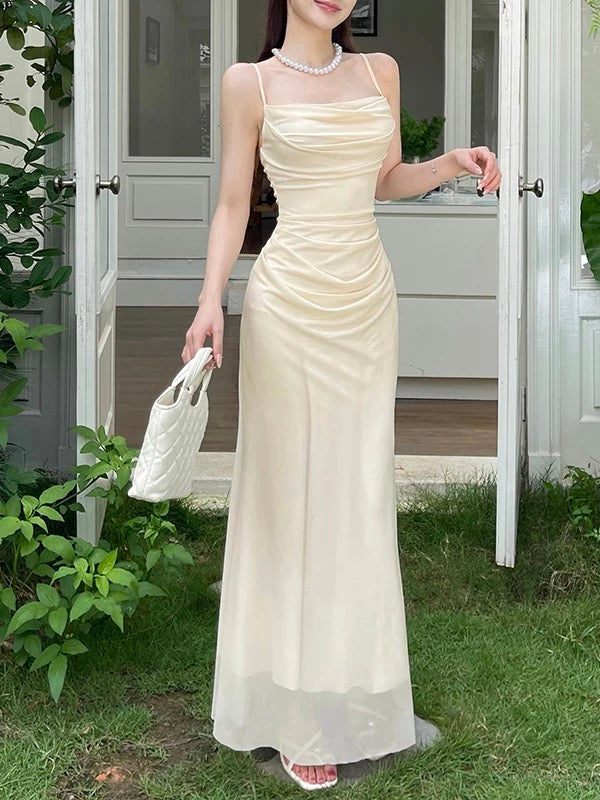 Sexy Mermaid Spaghetti Strap Champagne Chiffon Date Night Evening Outfit Formal Prom Dresses RB5418