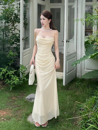 Sexy Mermaid Spaghetti Strap Champagne Chiffon Date Night Evening Outfit Formal Prom Dresses RB5418