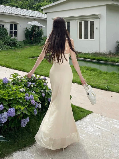 Sexy Mermaid Spaghetti Strap Champagne Chiffon Date Night Evening Outfit Formal Prom Dresses RB5418