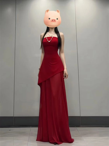 French Style A Line Strapless Red Chiffon With Slit Date Floor Length Night Evening Outfit Formal Prom Dresses RB5419