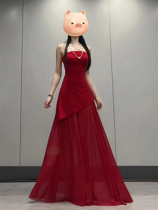 Stunning A Line Strapless Red Chiffon With Slit Date Night Birthday Outfit Formal Wedding Guest Dresses For Women RB5612