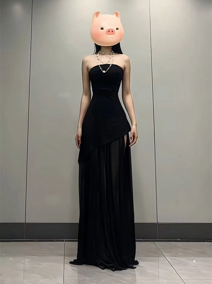 French Style A Line Strapless Red Chiffon With Slit Date Floor Length Night Evening Outfit Formal Prom Dresses RB5419