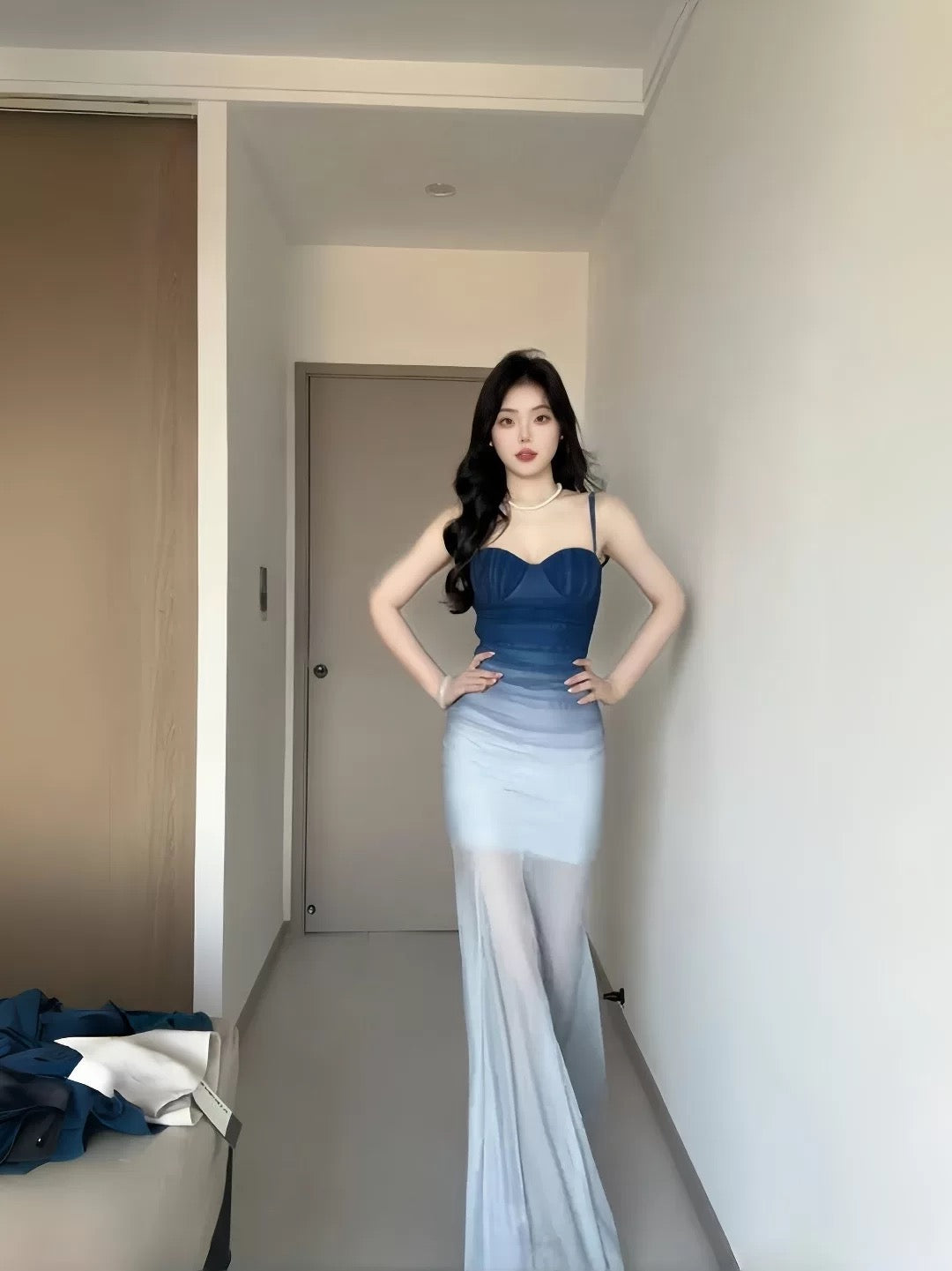 Glamorous Mermaid Spaghetti Strap Gradient Blue Color Date Night Outfits Floor Length Formal Birthday Gown Evening Dresses RB5613