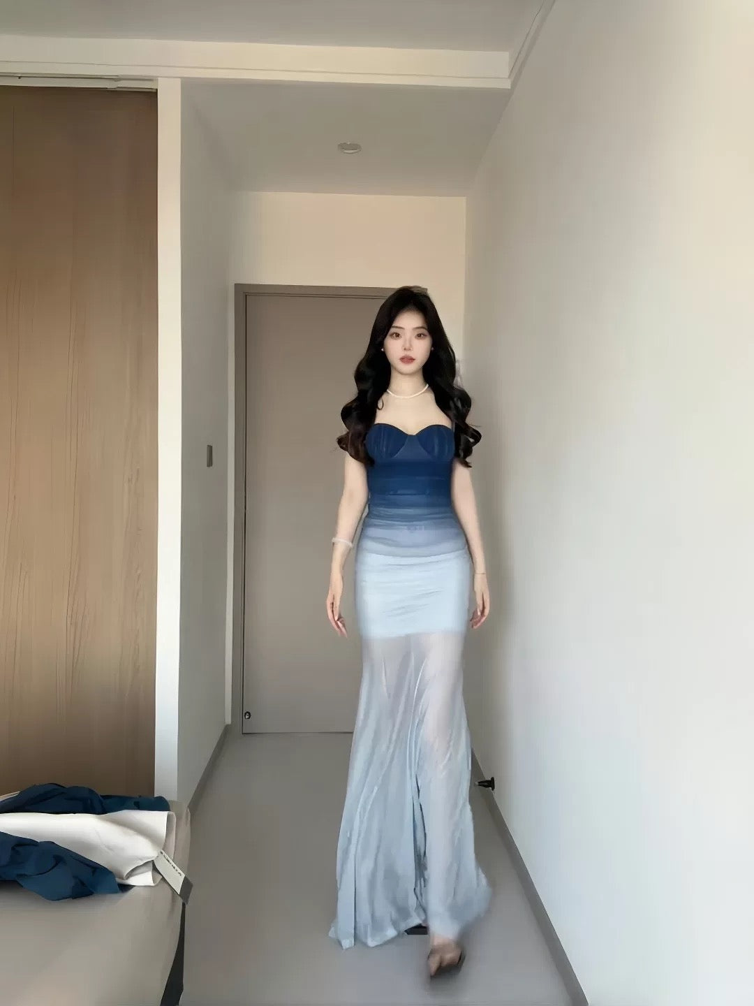Glamorous Mermaid Spaghetti Strap Gradient Blue Color Date Night Outfits Floor Length Formal Birthday Gown Evening Dresses RB5613