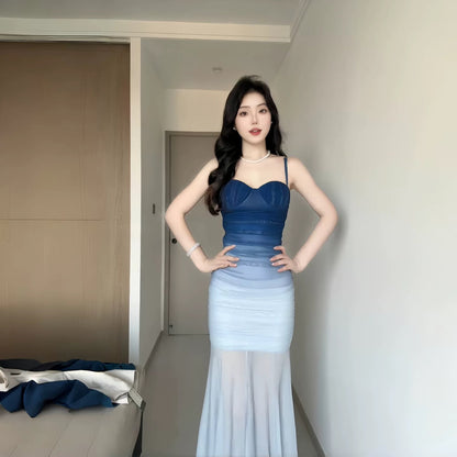 Glamorous Mermaid Spaghetti Strap Gradient Blue Color Date Night Outfits Floor Length Formal Birthday Gown Evening Dresses RB5613