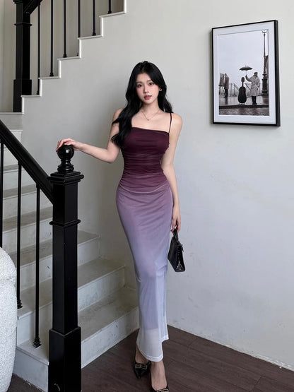 Glamorous Mermaid Spaghetti Strap Gradient Blue Color Date Night Outfits Formal 18th Birthday Gown Evening Dresses RB5614