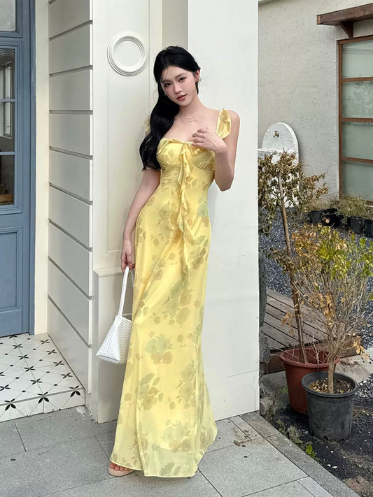 Glamorous Mermaid Square Neck Yellow Chiffon Date Night Outfits Formal 18th Birthday Gown Evening Dresses RB5616