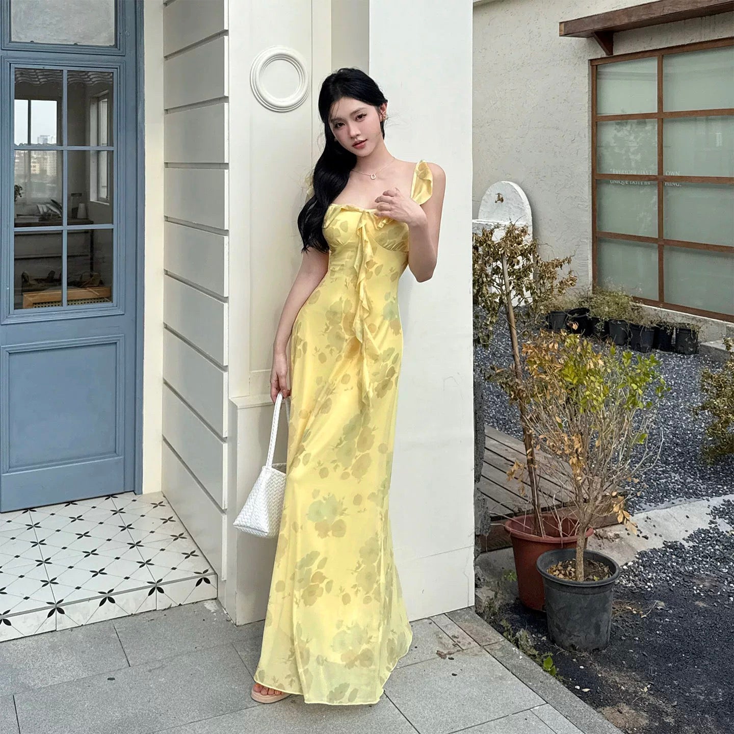 Glamorous Mermaid Square Neck Yellow Chiffon Date Night Outfits Formal 18th Birthday Gown Evening Dresses RB5616