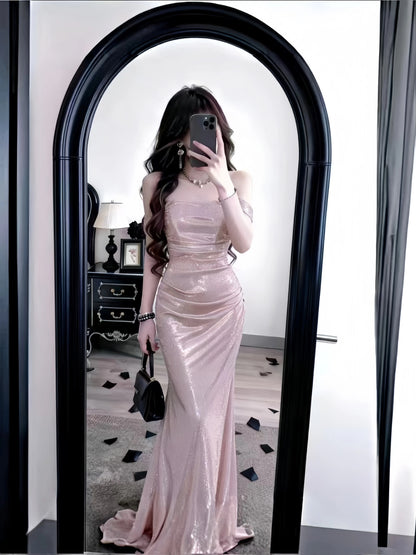 Modest Mermaid Off The Shoulder Pink Sequined With Ruffled Long Cruise Ship Formal Night Evening Dresses 18th Birthday Outfits RB5617