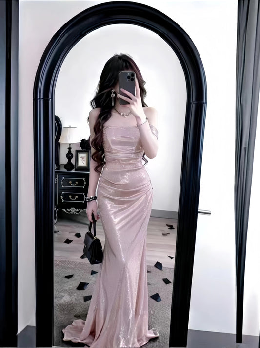 Modest Mermaid Off The Shoulder Pink Sequined With Ruffled Long Cruise Ship Formal Night Evening Dresses 18th Birthday Outfits RB5617