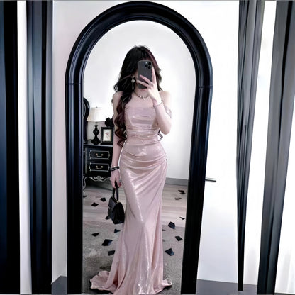 Modest Mermaid Off The Shoulder Pink Sequined With Ruffled Long Cruise Ship Formal Night Evening Dresses 18th Birthday Outfits RB5617