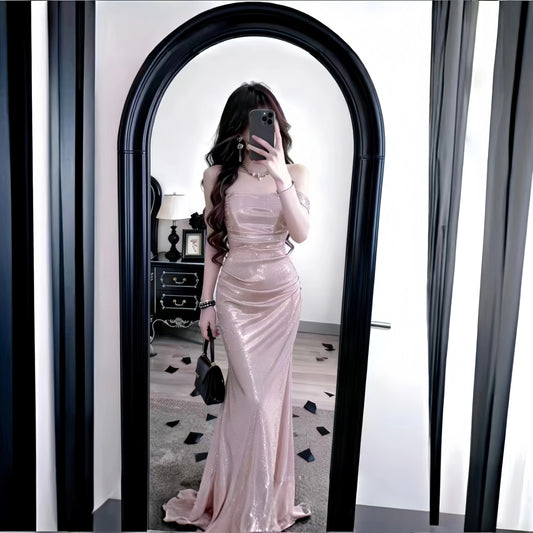 Modest Mermaid Off The Shoulder Pink Sequined With Ruffled Long Cruise Ship Formal Night Evening Dresses 18th Birthday Outfits RB5617