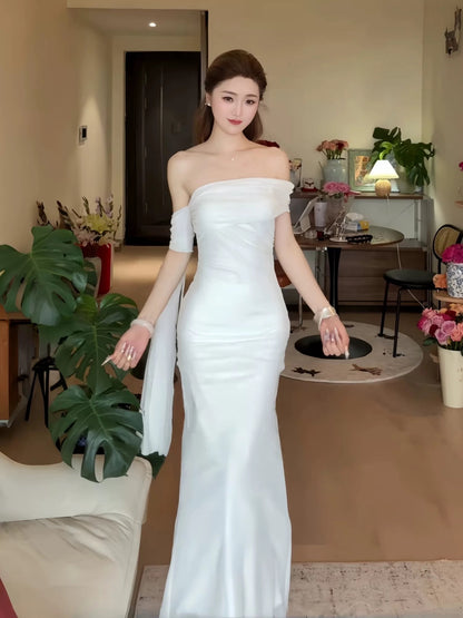 Modest Mermaid Off The Shoulder White With Ruffled Long Cruise Ship Formal Night Evening Dresses 18th Birthday Outfits RB5618