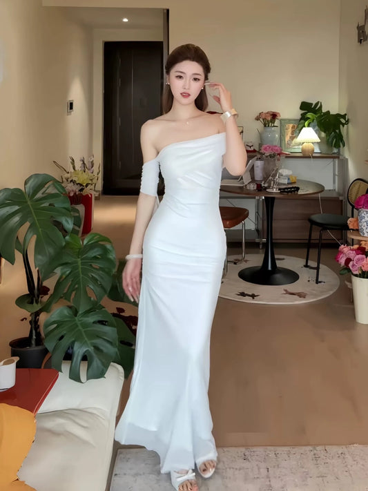 Modest Mermaid Off The Shoulder White With Ruffled Long Cruise Ship Formal Night Evening Dresses 18th Birthday Outfits RB5618