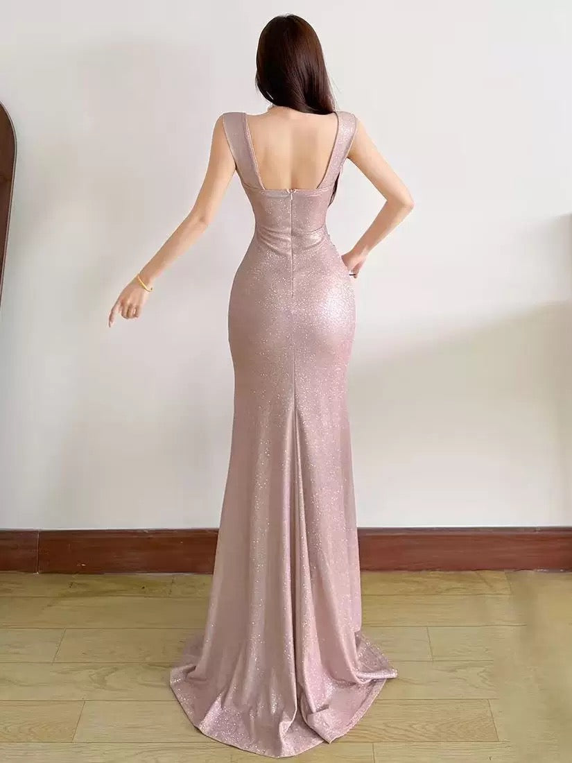 Classy Mermaid Square Neck Pink Sequin Date Night Outfits Floor Length Formal Prom Gown Birthday Dresses RB5622