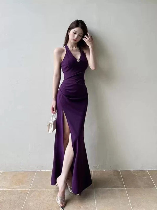 Simple Mermaid Halter Grape Slit Satin Date Floor Length Night Evening Outfit Formal Prom Dresses RB5620