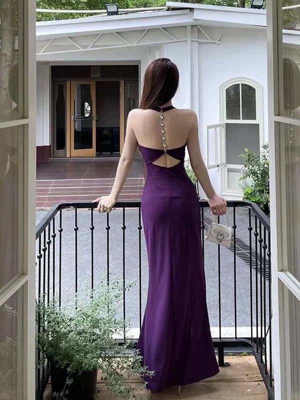 Simple Mermaid Halter Grape Slit Satin Date Floor Length Night Evening Outfit Formal Prom Dresses RB5620