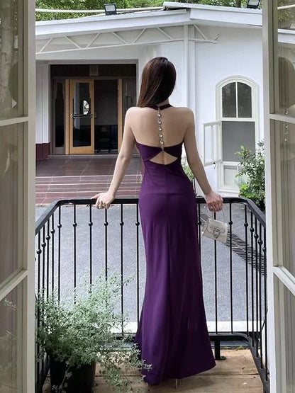 Simple Mermaid Halter Grape Slit Satin Date Floor Length Night Evening Outfit Formal Prom Dresses RB5620