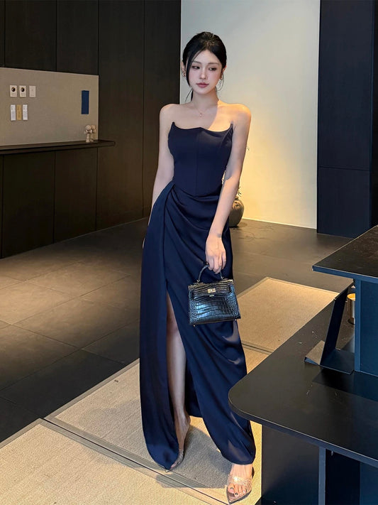 Sexy Mermaid Strapless Navy Blue With Slit Cruise Ship Formal Night Evening Dresses 18th Birthday Outfit RB5621