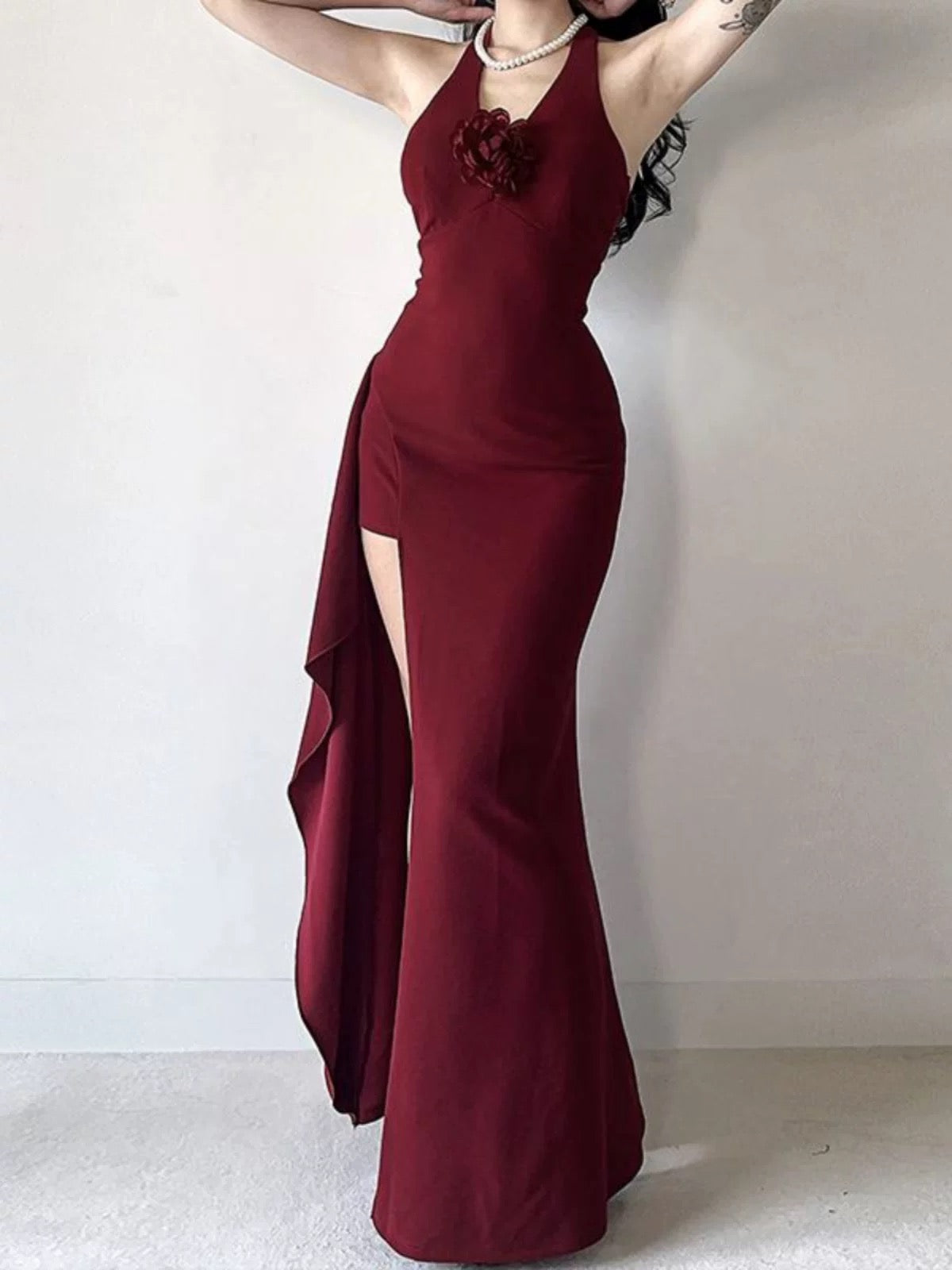 Simple Mermaid Halter Burgundy Slit Satin Date Floor Length Night Evening Outfit Formal Prom Dresses RB5622
