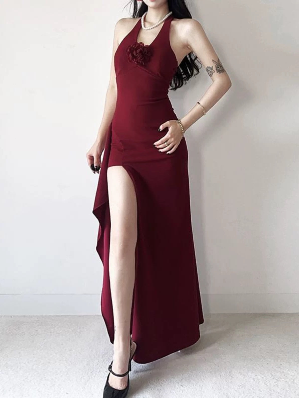 Simple Mermaid Halter Burgundy Slit Satin Date Floor Length Night Evening Outfit Formal Prom Dresses RB5622