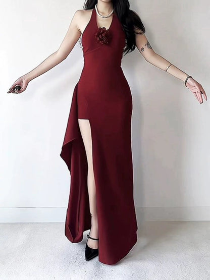 Simple Mermaid Halter Burgundy Slit Satin Date Floor Length Night Evening Outfit Formal Prom Dresses RB5622
