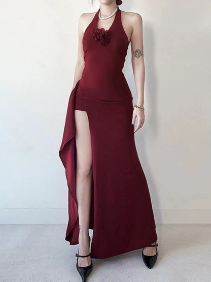 Simple Mermaid Halter Burgundy Slit Satin Date Floor Length Night Evening Outfit Formal Prom Dresses RB5622