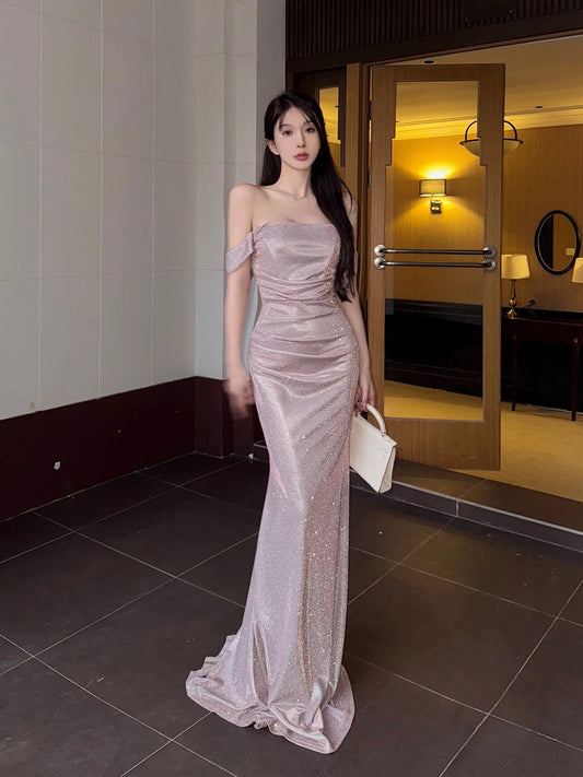 Modest Mermaid Off The Shoulder Pink With Ruffled Long Cruise Ship Formal Night Evening Dresses 18th Birthday Outfits RB5622