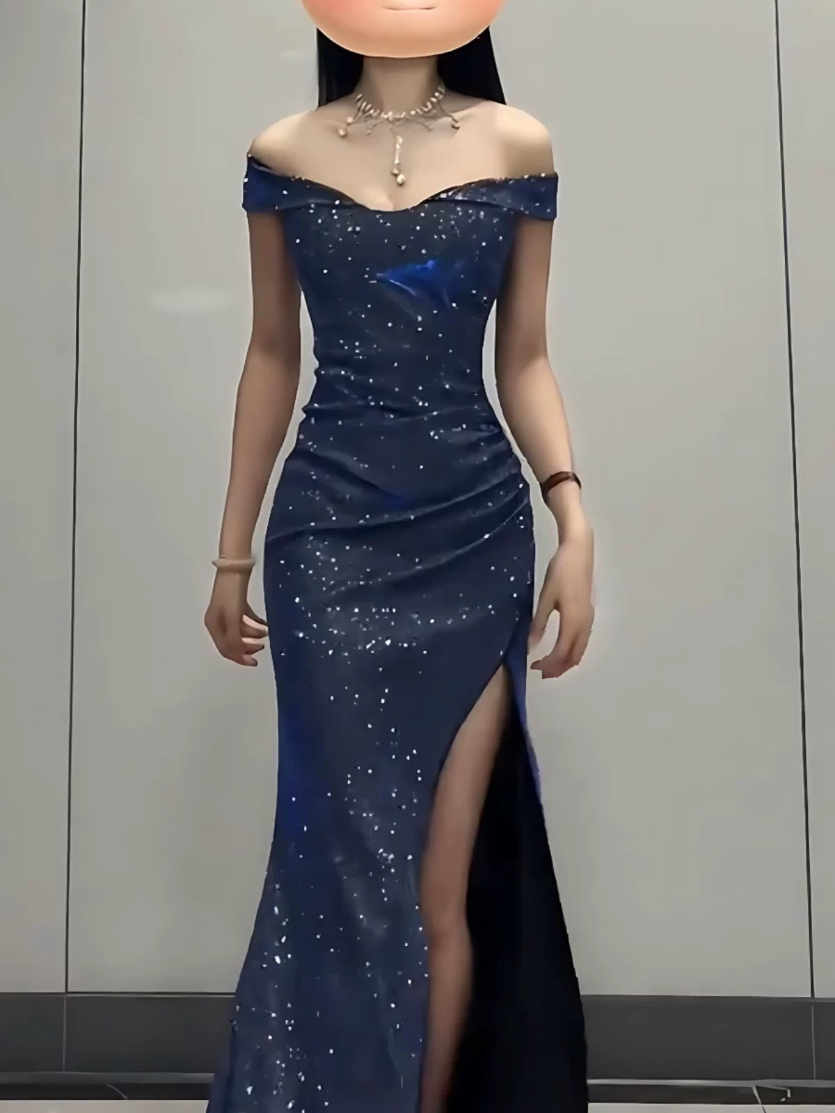 Glamorous Mermaid Off The Shoulder Navy Blue With Ruffled Long Cruise Ship Formal Night Evening Dresses 18th Birthday Outfits RB5623