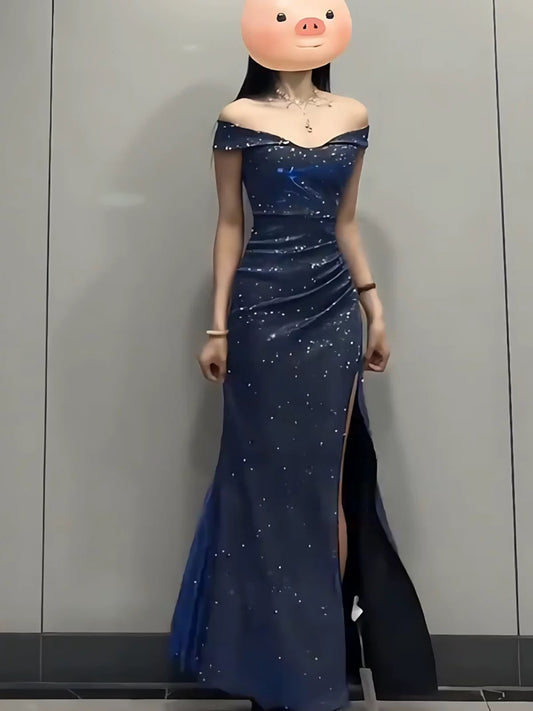 Glamorous Mermaid Off The Shoulder Navy Blue With Ruffled Long Cruise Ship Formal Night Evening Dresses 18th Birthday Outfits RB5623