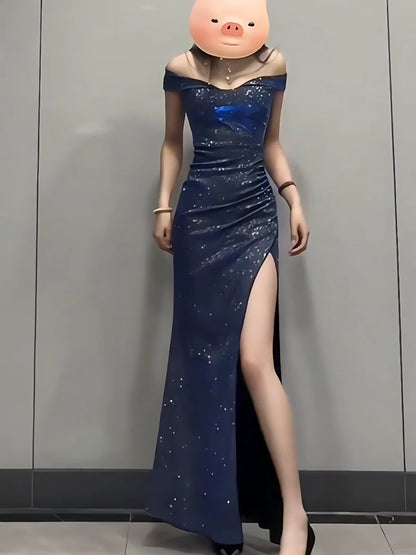 Glamorous Mermaid Off The Shoulder Navy Blue With Ruffled Long Cruise Ship Formal Night Evening Dresses 18th Birthday Outfits RB5623