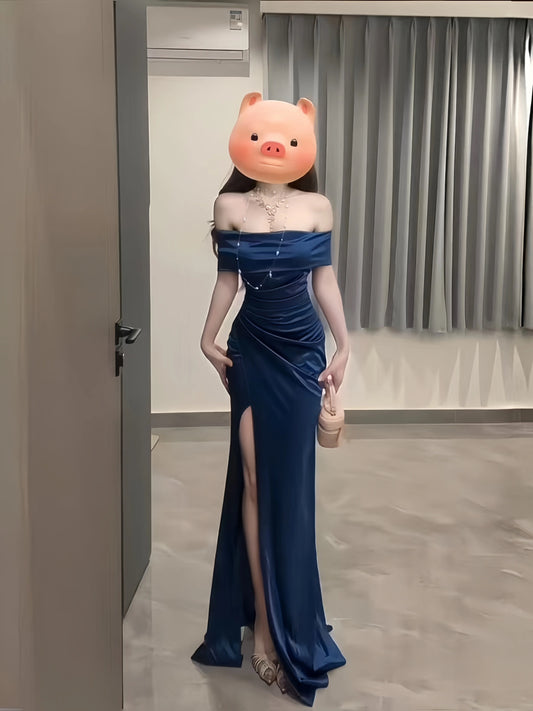 Sophisticated Mermaid Off The Shoulder Navy Blue Satin Split With Ruffled Long Cruise Ship Formal Night Evening Dresses 18th Birthday Outfits RB5624